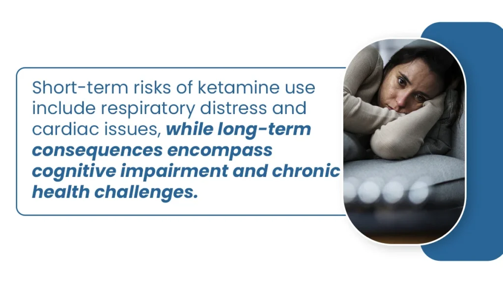 Woman laying in bed, crying. Short-term risks include respiratory distress, while long-term consequences include cognitive impairment.